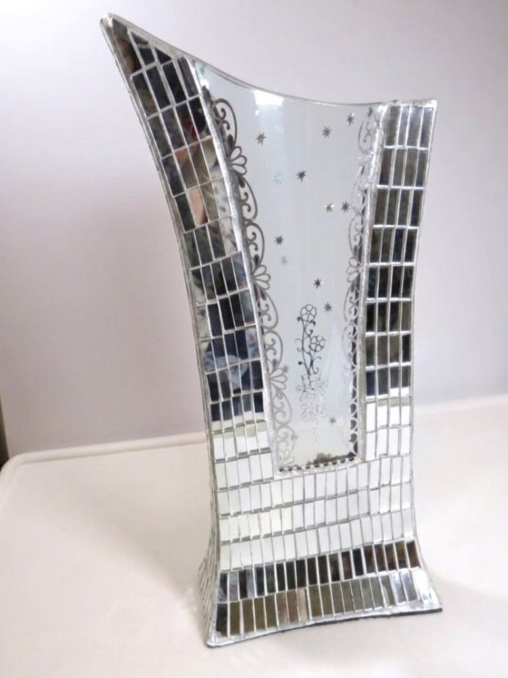 Modern Mosaic Mirrored A-Frame Vase Sculptural Art Statement Piece 16"